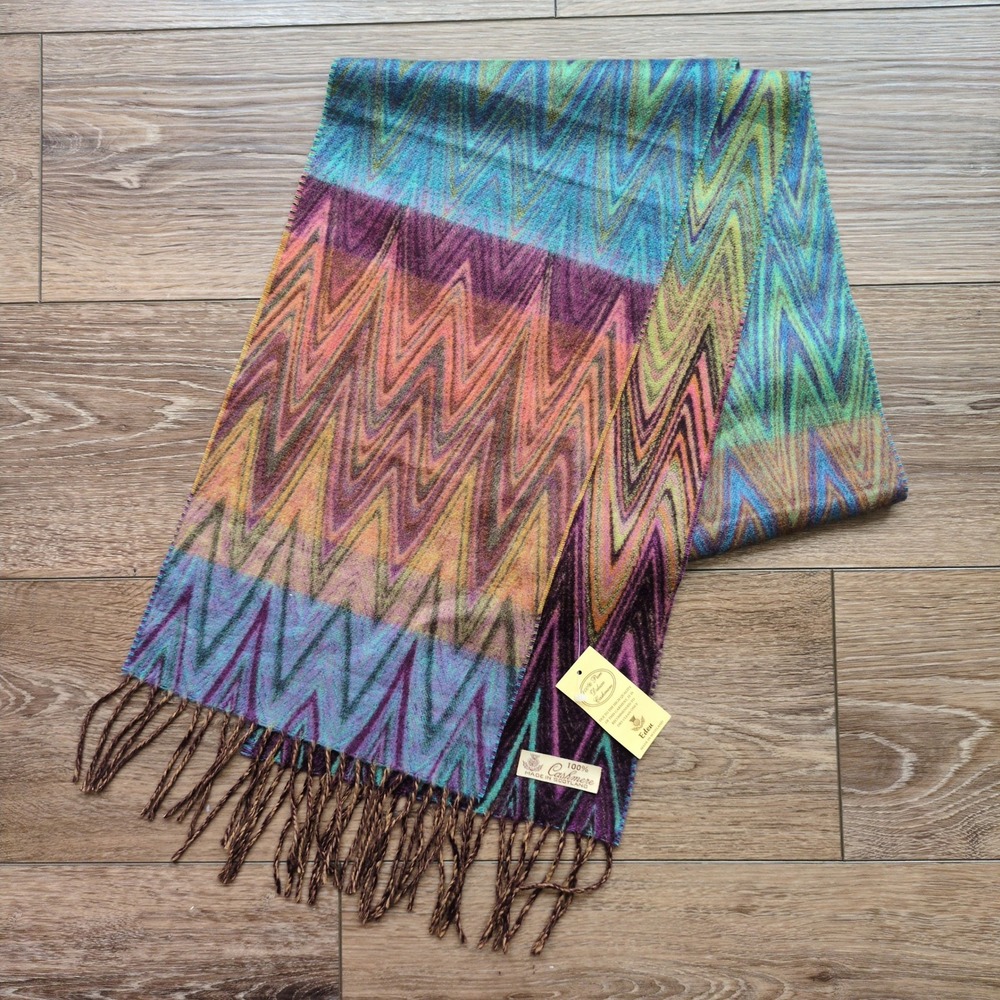 NWT Scotland Made 100% Cashmere Scarf Multicolor Zig Zag Chevron‎ Fringe Eden
